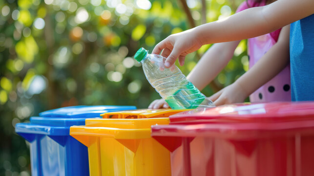 Hand throwing plastic bottle recycling container garbage sorting rubbish collection bin. Hand kid put bottle plastic trash can. Reduce waste recycle bins. Garbage recycling plastic trash bins