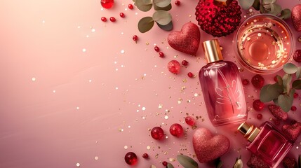 Elegant perfume bottles with vibrant crimson berries and hearts on a soft pink backdrop. beauty product photography ideal for valentine's day promotions. AI