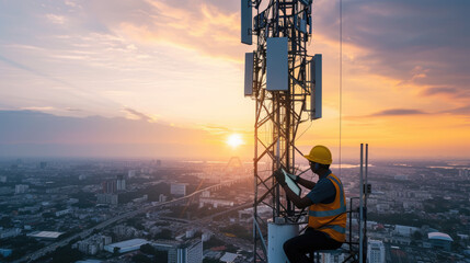Helmeted male engineer works in the field with a telecommunication tower that controls cellular electrical installations to inspect and maintain 5G networks installed on high-rise buildings - Powered by Adobe