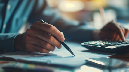 Close-up of Accountant Hands Working with Pen, Calculator and Documents. - obrazy, fototapety, plakaty