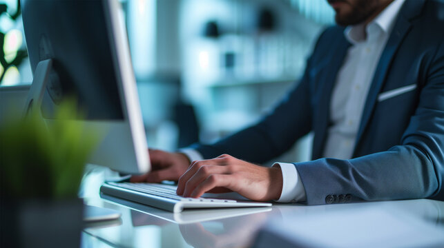 Businessman in a Suit at Remote Work: Close-up of Hands Typing on Computer Keyboard at the Office Space. Online Learning. Office Worker. Management.