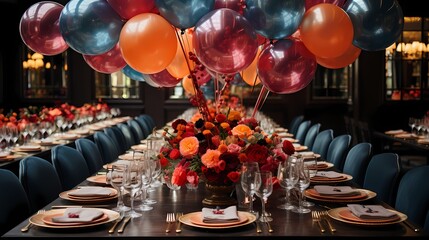 A top-down view of a dining table adorned with balloon centerpieces, elegantly enhancing the celebratory ambiance and adding a pop of color to the setting