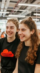 Two girls are talking cheerfully in the gym of a fitness club. Sports and health concept