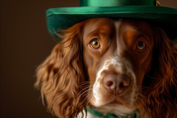 Portrait of a dog wearing a green hat, captures festive mood with style and elegance. perfect for themed party promotions. AI