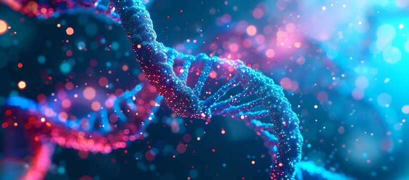 Vibrant DNA helix structure illustration in glowing blue hues. genetic research and biotechnology conceptual image. digital biomedical visualization. AI