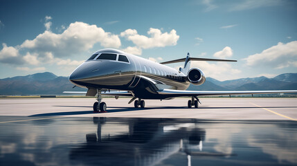 Close-up of business jet parked outside, sleek aircraft design, luxurious exterior