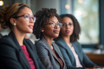 Smiling African American businesswoman actively participates in corporate team meeting. Engaged and joyful professional woman collaborates with colleagues in bright meeting room.