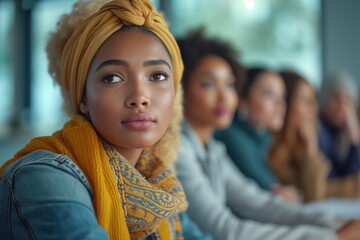 Fototapeta premium Focused African American businesswoman listens intently at corporate roundtable discussion. Professional woman in business attire participates in thoughtful strategic meeting