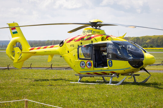 Fert&ouml;szentmiklos, Hungary - April 30, 2023: Hungary Air Ambulance rescue helicpoter Airbus H135 on the ground