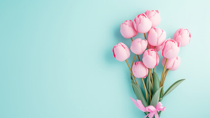 Fresh Pink Tulips With a Ribbon Against a Soft Blue Background