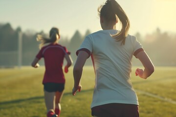 Back view of two young girls running on soccer field, teamwork and healthy lifestyle. Youthful soccer players in motion, backlit by the setting sun, exuding energy and teamwork