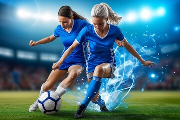 Obraz na płótnie Canvas Female soccer players in blue engaged in intense play, vibrant energy, competitive spirit. Two women competing in soccer match, focused and agile, in a display of powerful dynamics