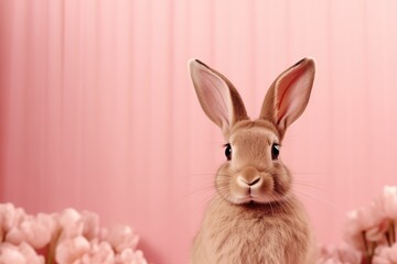 Fototapeta premium Cute Easter bunny with flowers on pink background. Greeting card concept
