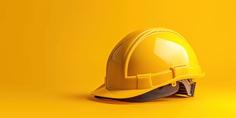 Close-up yellow worker hat isolated on yellow background with copy space - obrazy, fototapety, plakaty