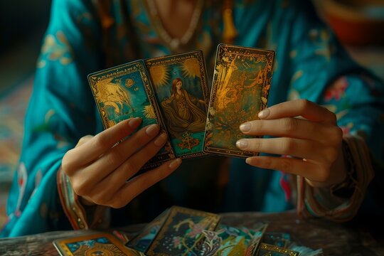 Mysterious tarot reader revealing the future with intricate cards in a dimly lit room. mystical atmosphere. AI