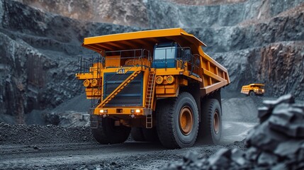Close-up shot big yellow mining truck for anthracite coal