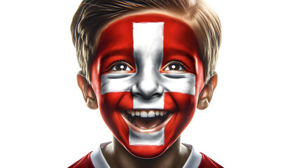child boy soccer fun portrait with painted face of swiss flag isolated on transparent background