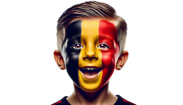 child boy soccer fun portrait with painted face of belgian flag isolated on transparent background