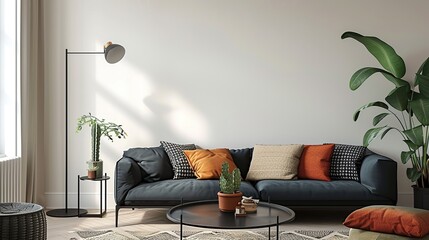 Modern living room interior with black sofa.