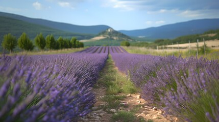 Serenity in nature: sprawling lavender fields with mountain backdrop, a peaceful countryside scene. AI