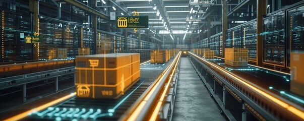 Cardboard boxes on conveyor rollers in distribution warehouse