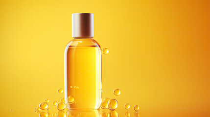 Golden yellow bubble oil or serum isolated on yellow background.
