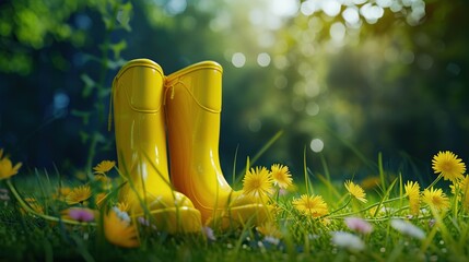 a pair of yellow rain boots and flower in green grass - obrazy, fototapety, plakaty