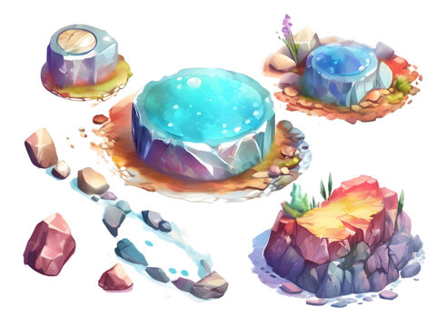 3d isometric stones with vibrant or watercolor effect. 3d Illustration.