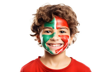 child boy soccer fun portrait with painted face of portuguese flag isolated on transparent background - obrazy, fototapety, plakaty
