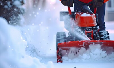 Cleaning snow using a snowblower on winter road