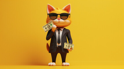 Stylish Cartoon Cat in Suit Holding Money - Wealth and Financial Independence Concept