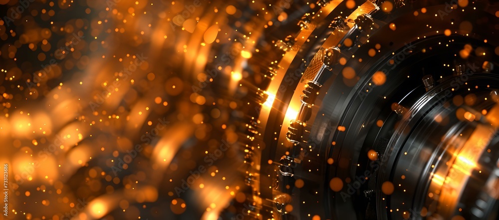 Poster abstract glowing particles surround mechanical gears. modern digital backdrop for tech presentations