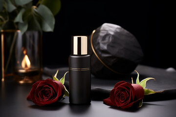 Obraz na płótnie Canvas A cosmetic bottle product for skin care black mockup. rose natural cosmetics. AI