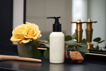 A cosmetic bottle product for skin care black mockup. rose natural cosmetics. AI