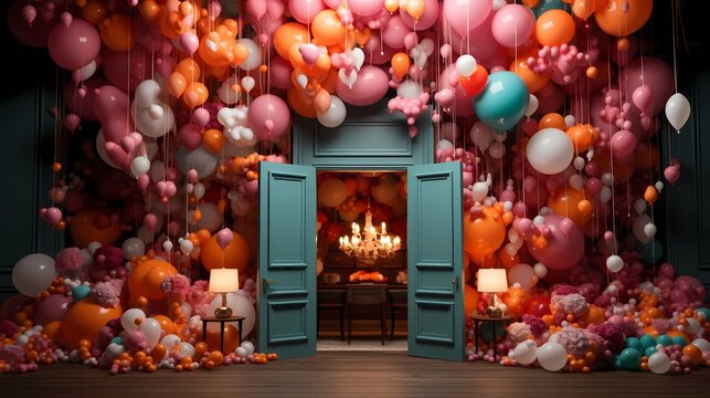 A visually striking image of a birthday surprise, with a door opening to reveal a room filled from floor to ceiling with an explosion of colorful balloons