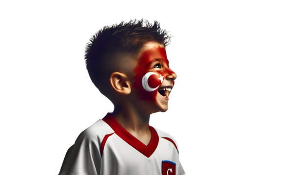 child boy soccer fun profile with painted face of turkish flag isolated on transparent background