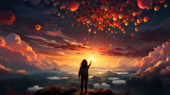 A visually striking image of a person releasing a bunch of balloons, their vibrant colors contrasting against a picturesque sunset sky, creating a magical moment