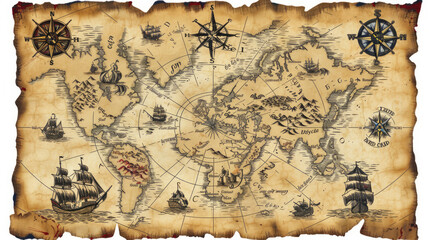 pirate map with pirate ships, islands and nautical signs. drawing of an ancient treasure map for...
