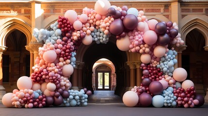 Obraz na płótnie Canvas A visually striking image of a giant birthday balloon arch, adorned with cascading balloons in different shades, creating a stunning backdrop for celebrations