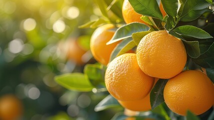 Bunch of fresh ripe oranges on a tree in orangeyard - obrazy, fototapety, plakaty