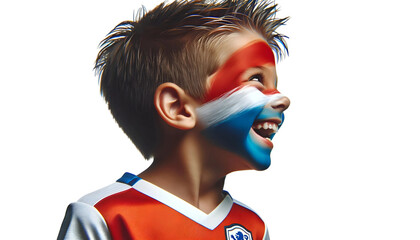 child boy soccer fun profile with painted face of dutch flag isolated on transparent background - obrazy, fototapety, plakaty