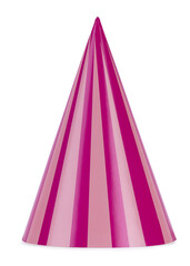 Pink striped party hat, standing isolated on a white background.