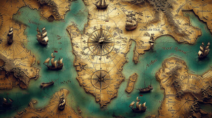 pirate map with pirate ships, islands and nautical signs. drawing of an ancient treasure map for...