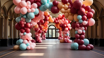 A visually striking image of a giant birthday balloon arch, adorned with cascading balloons in different shades, creating a stunning backdrop for celebrations