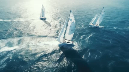 Fotobehang Regatta of sailing ships with white sails on the high seas. Aerial view of a sailboat in a windy state © oldwar