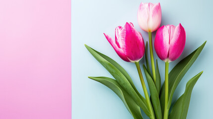 Three Vibrant Tulips Laid Out on a Dual-Tone Pink and Blue Background