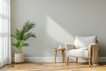 Comfortable armchair, side table and houseplant