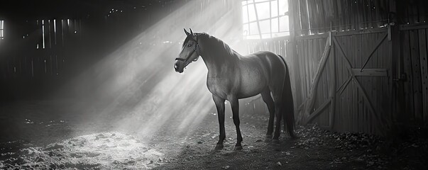 Black and white picture of horse stands in a stable - Powered by Adobe
