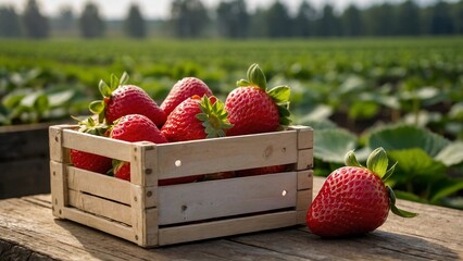 Many fresh red strawberries in wooden baskets after harvest on organic strawberry farm. Strawberries ready for export. Agriculture and ecological fruit farming concept