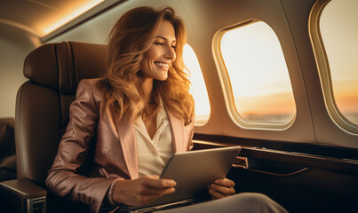 Smiling business woman flying and working in an airplane in first class, Woman  sitting inside an...